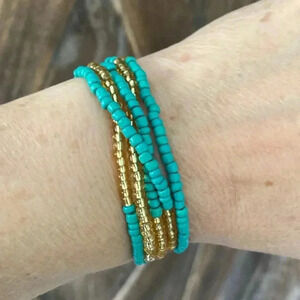 Green/Blue Turquoise & Gold Africa Style Seed Bead Waist Beads Stretch Bracelet